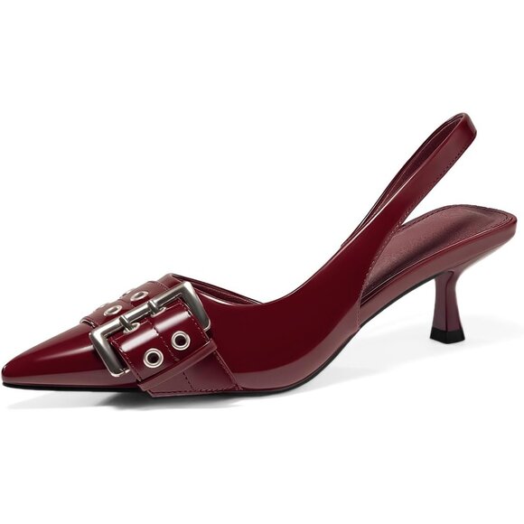 Women's Red Slingback Kitten Low Heels Closed Pointed Toe Pumps D’Orsay Buckle - Picture 1 of 5
